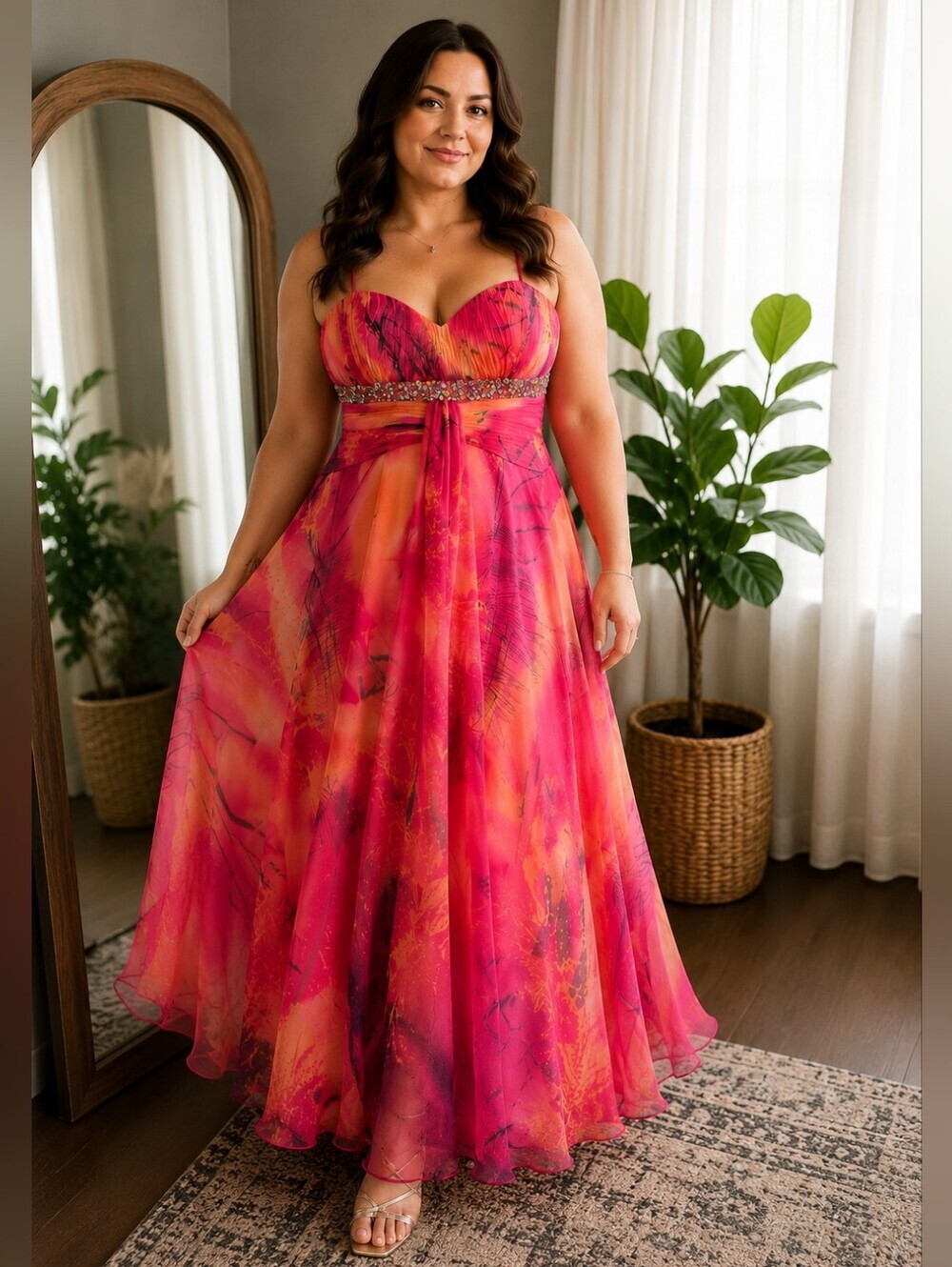 Tony Bowls Paris | Pink & Coral Beaded Chiffon Cocktail Dress, Size 16